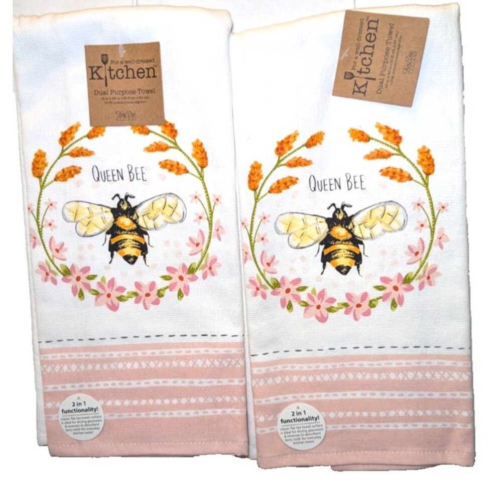 Kay Dee Queen Bee Terry and Flat Kitchen Tea Towels 2-Pc Cotton Floral Gift NEW